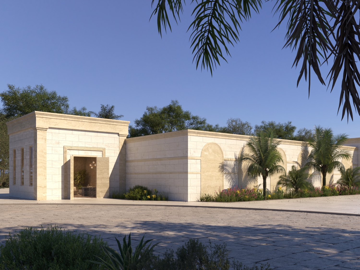 Exterior of the Lakefront Mikvah Tahara building in warm daylight, framed by palms